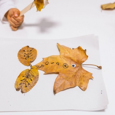 Folhas secas com olhos de plástico e desenhos em papel branco com mão de criança