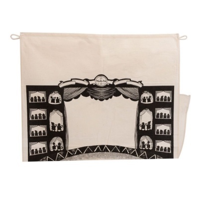 Pano de cozinha com ilustração de palco de teatro em preto e bege