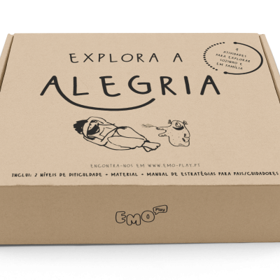 Caixa de cartão para jogo infantil Explora a Alegria com ilustrações e texto preto