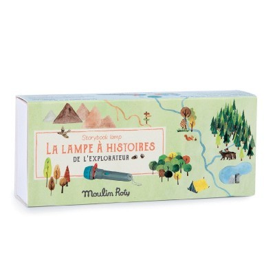 Caixa de papel com design ilustrado e texto La Lampe À Histoires de L'Explorateur