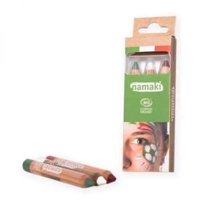 Três lápis de cor Namaki e embalagem com rosto pintado e texto BIO COSMOS ORGANIC