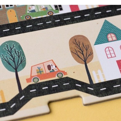 Tapete infantil com ilustração de estrada, casas e árvores coloridas