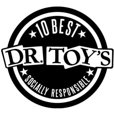 Logótipo circular preto e branco com texto DR. TOY'S 10 BEST SOCIALLY RESPONSIBLE