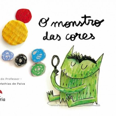 Capa do manual digital 'O monstro das cores' com ilustração de monstro verde e esferas coloridas