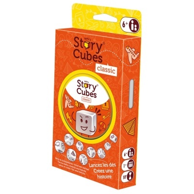 Caixa laranja e amarela do jogo Story Cubes classic com desenhos em cubos e texto em francês