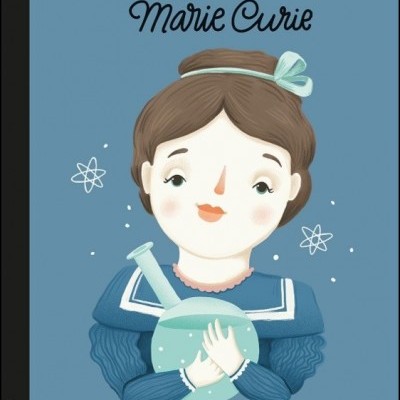 Capa de livro ilustrada com menina segurando frasco e texto 'Marie Curie'