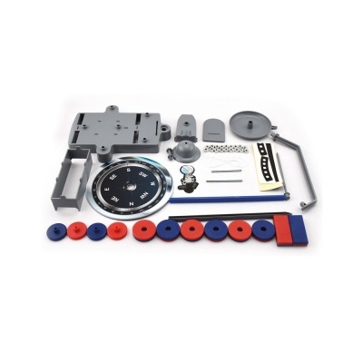 Conjunto de peças em plástico e metal para montagem, com disco em preto e branco e barras coloridas.