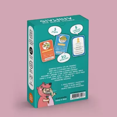 Caixa de jogo educativo com imagens de animais sobre fundo rosa