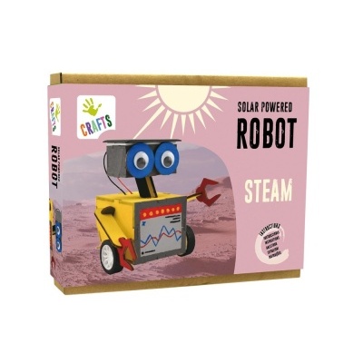 Embalagem de kit para construir robot movido a energia solar, com robot amarelo e fundo cor-de-rosa