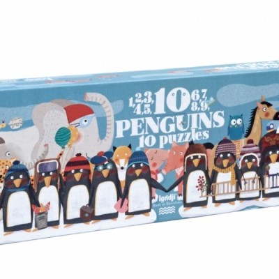 Caixa azul claro com ilustrações de pinguins e outros animais, contendo 10 puzzles