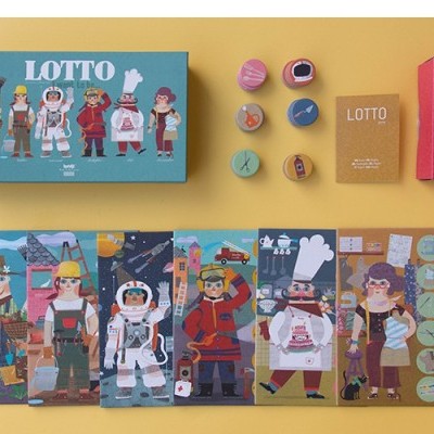 Jogo Lotto com cartas de profissões e peças coloridas