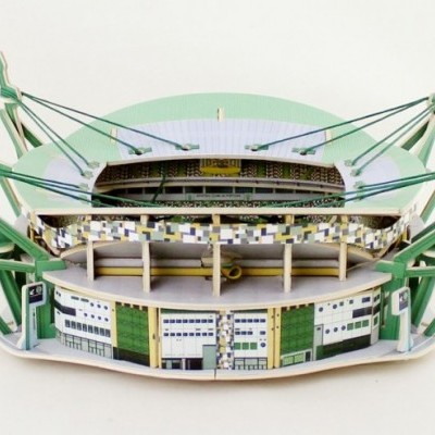 modelo tridimensional de estádio branco e verde com estrutura detalhada