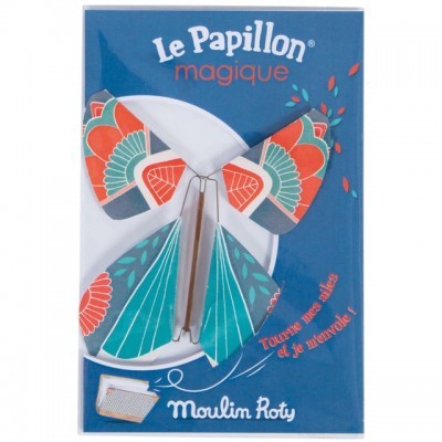 Brinquedo borboleta de papel colorido em embalagem azul com texto Le Papillon magique