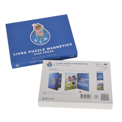 Livro puzzle magnético FCP com 2 x 50 peças e embalagem azul e branca