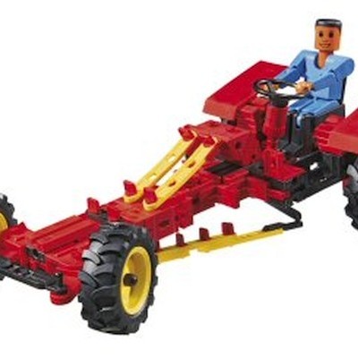 Brinquedo de veículo vermelho com figura azul