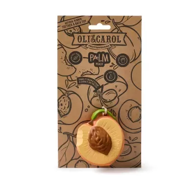 Brinquedo mordedor em forma de pêssego de borracha natural em embalagem de cartão reciclado