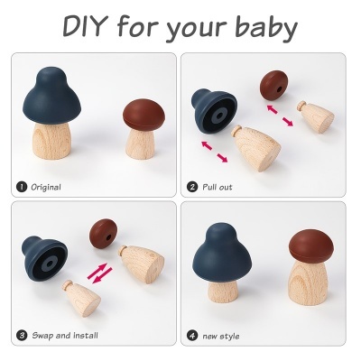 Brinquedos de madeira em forma de cogumelos desmontáveis para bebé, com texto 'DIY for your baby'.