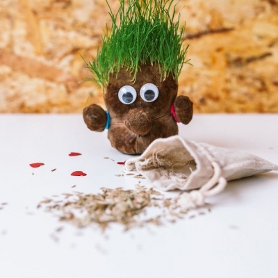 boneco de tecido com cabelo de relva, olhos móveis, saco de pano, sementes espalhadas