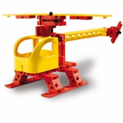 Helicóptero de brinquedo vermelho e amarelo feito de blocos encaixáveis