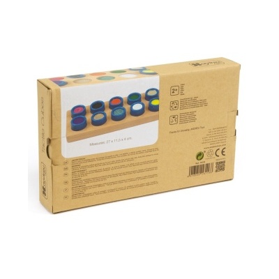 Embalagem de cartão reciclado para jogo de encaixe com pinos coloridos de madeira