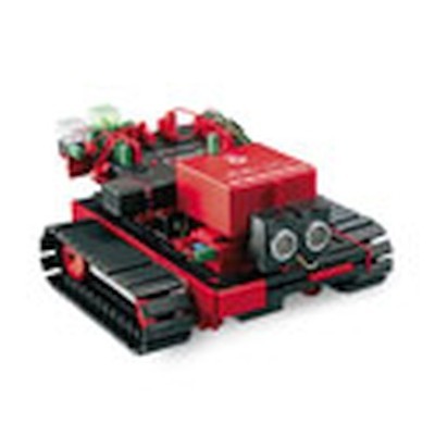 Veículo robótico preto e vermelho com rodas de esteira e câmeras frontais