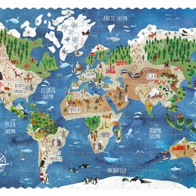 Mapa-múndi ilustrado para crianças com animais e árvores em cores vivas