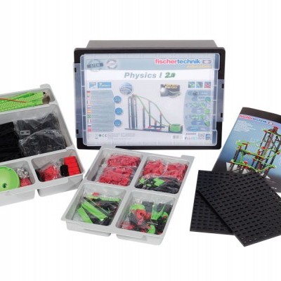 Kit de construção fischertechnik Physics 1.2 com várias peças e manual