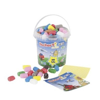 Balde plástico com peças coloridas de brinquedo fischer TiP pebbles