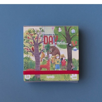 Caixa de puzzle ilustrado com árvores, crianças e animais sobre fundo azul.