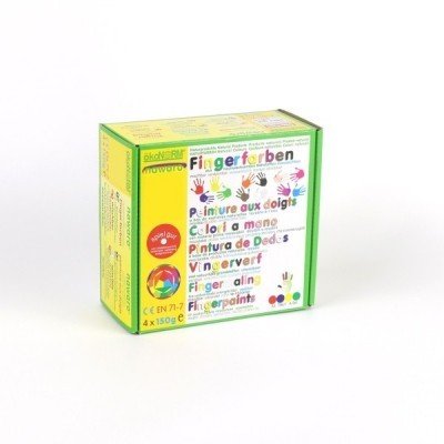 Embalagem de tintas de dedos coloridas com texto e desenhos de mãos