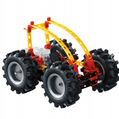 Veículo de brinquedo com rodas grandes e estrutura amarela e vermelha