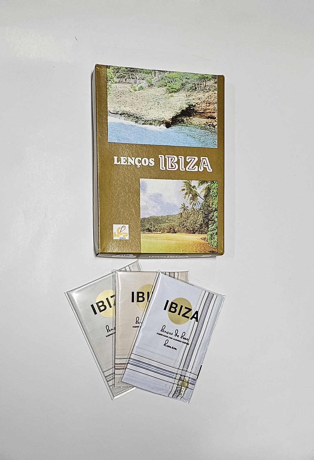Conjunto de lenços com caixa ilustrada com paisagens e texto LENÇOS IBIZA