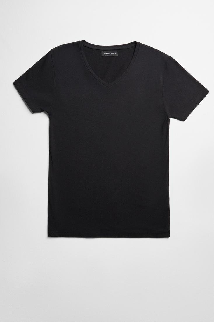 T-shirt preta de manga curta com gola em V e etiqueta Ysabel Mora