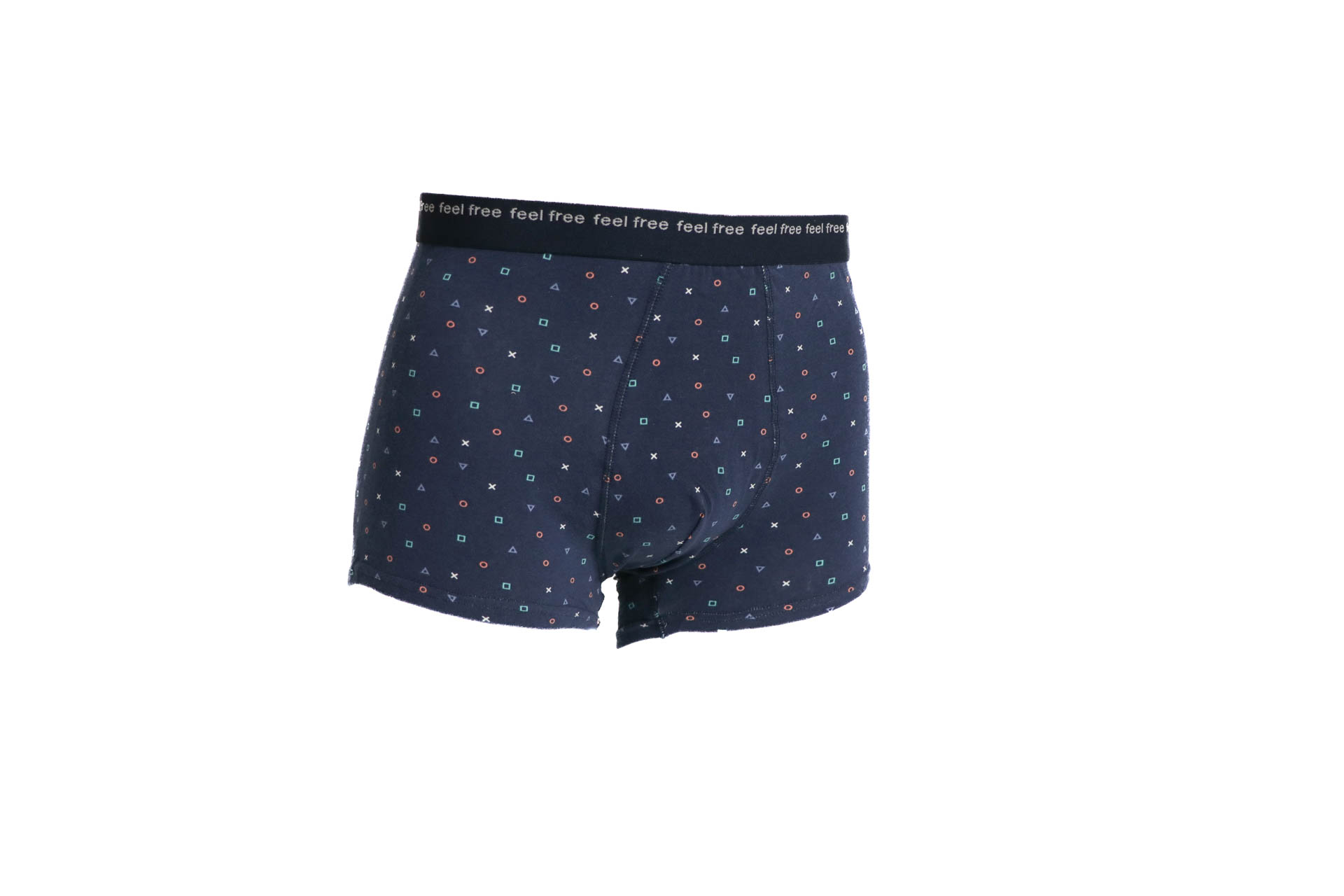 Cuecas boxer azuis com padrão colorido e cós preto com texto