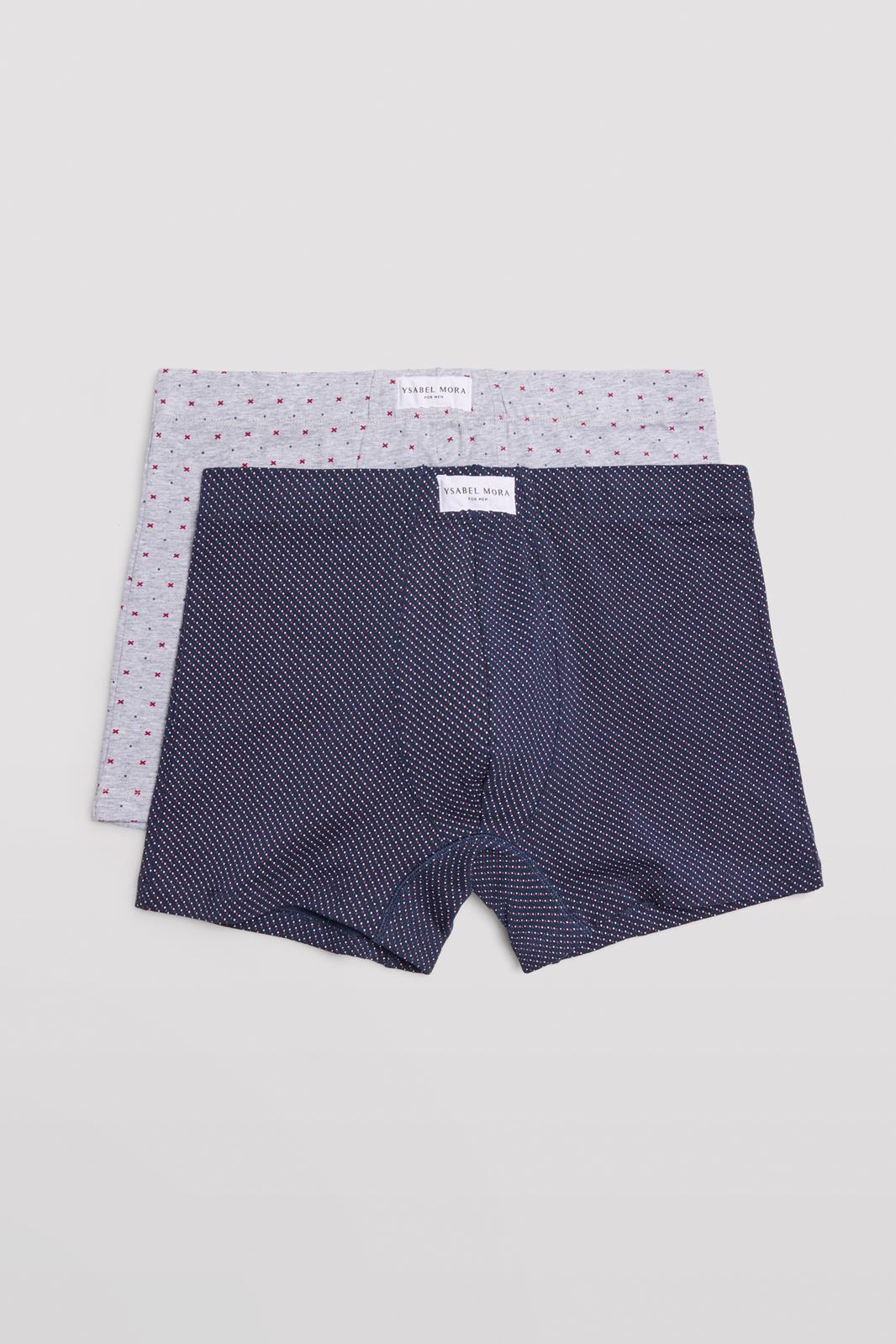 Dois pares de boxers masculinos cinza e azul escuro com padrões de pontos e etiquetas 'ISABEL MARANT'