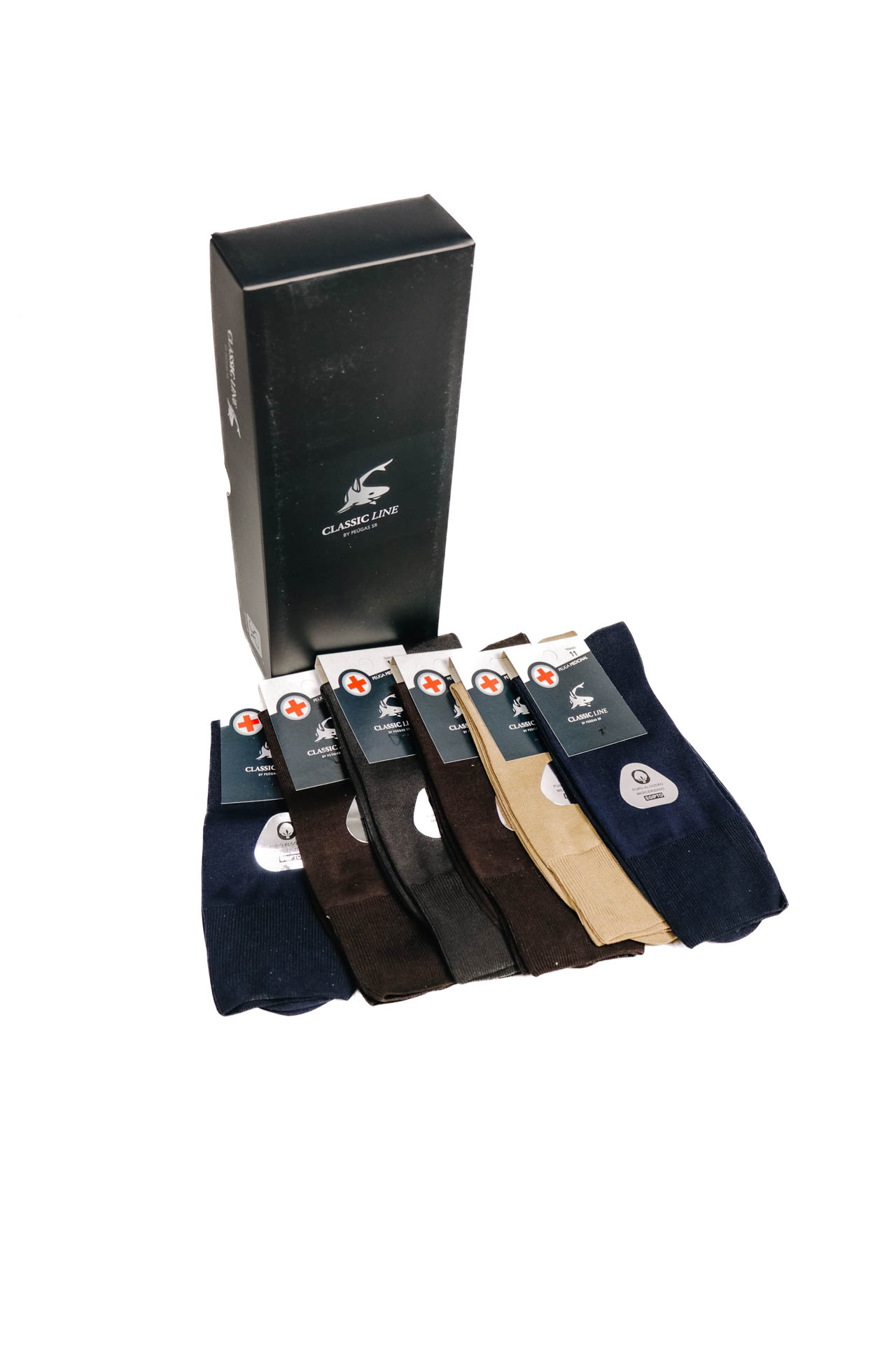 Seis pares de meias coloridas com etiquetas e caixa preta CLASSIC LINE