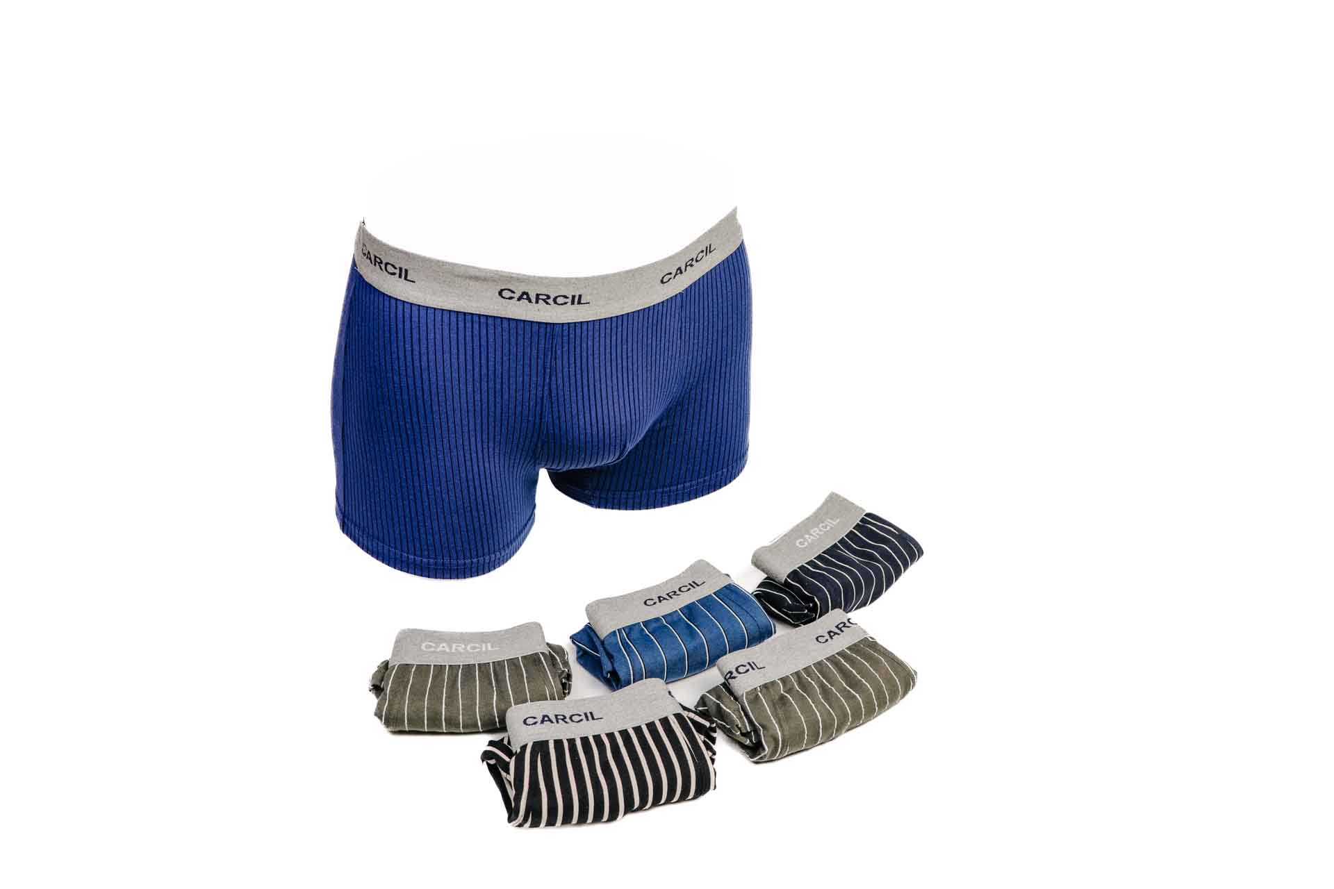 Cuecas boxer masculinas coloridas com cintura elástica e o texto CARCOL