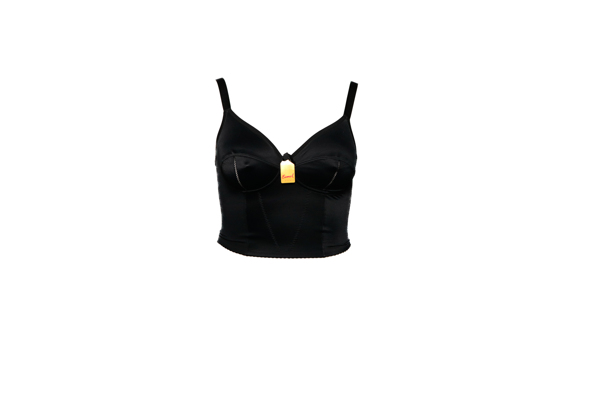 Top cropped preto com alças finas e etiqueta amarela