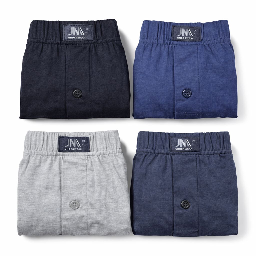 quatro cuecas masculinas de algodão dobradas em cores variadas com etiqueta JMA UNDERWEAR