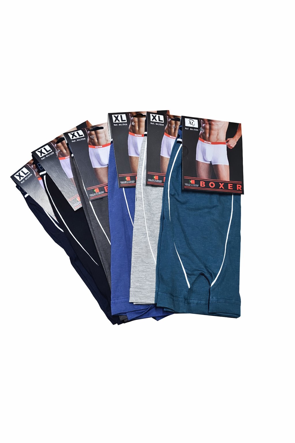 Seis cuecas boxer masculinas em várias cores com etiqueta XL e palavra BOXER