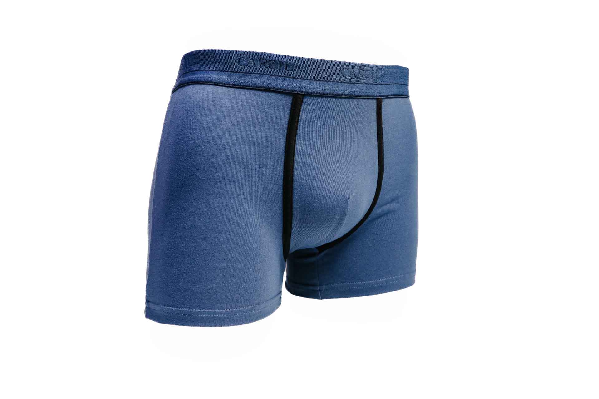 Cuecas boxer azuis com cós elástico e contornos em preto