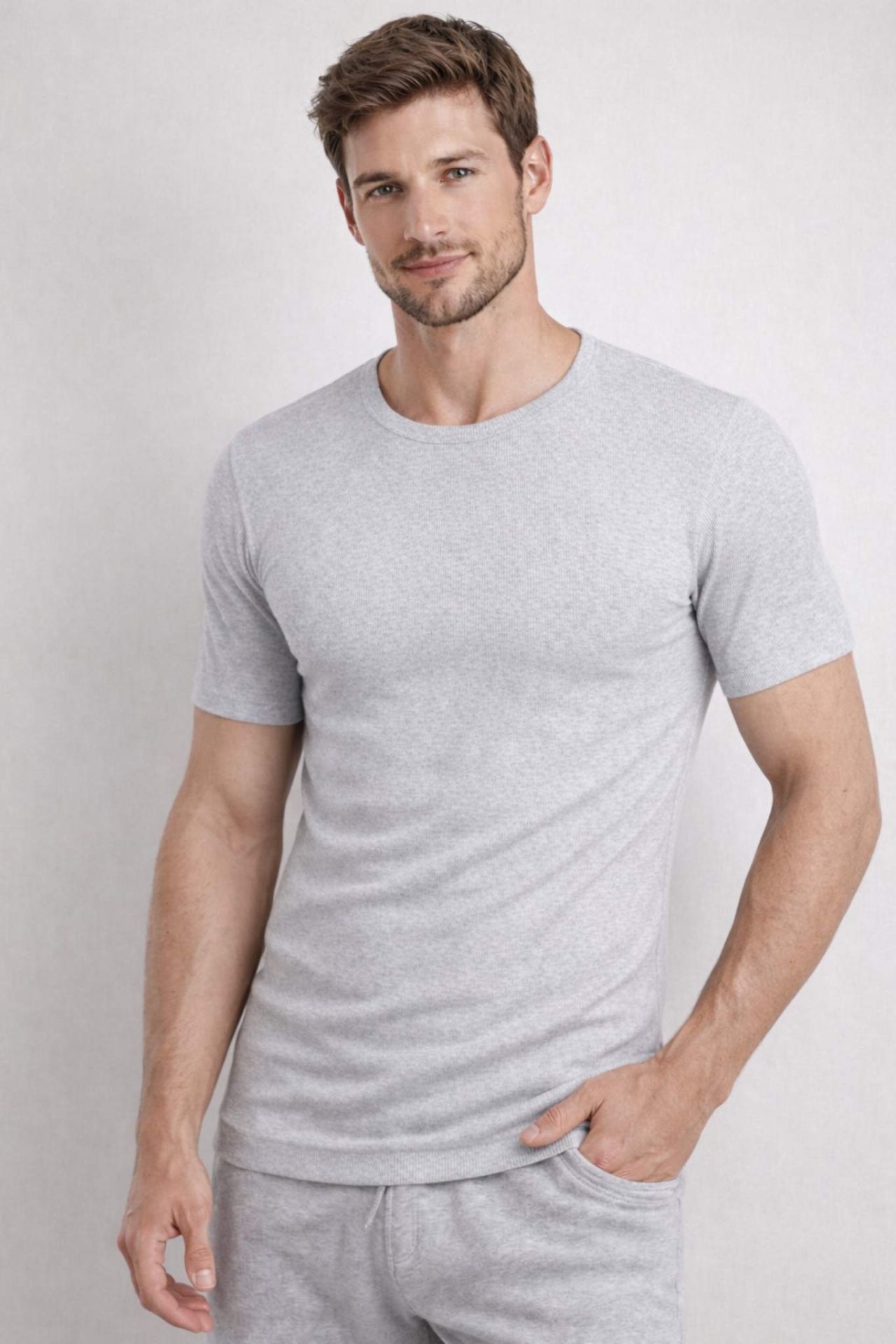 Homem com t-shirt cinza claro e calças cinza claro, fundo neutro