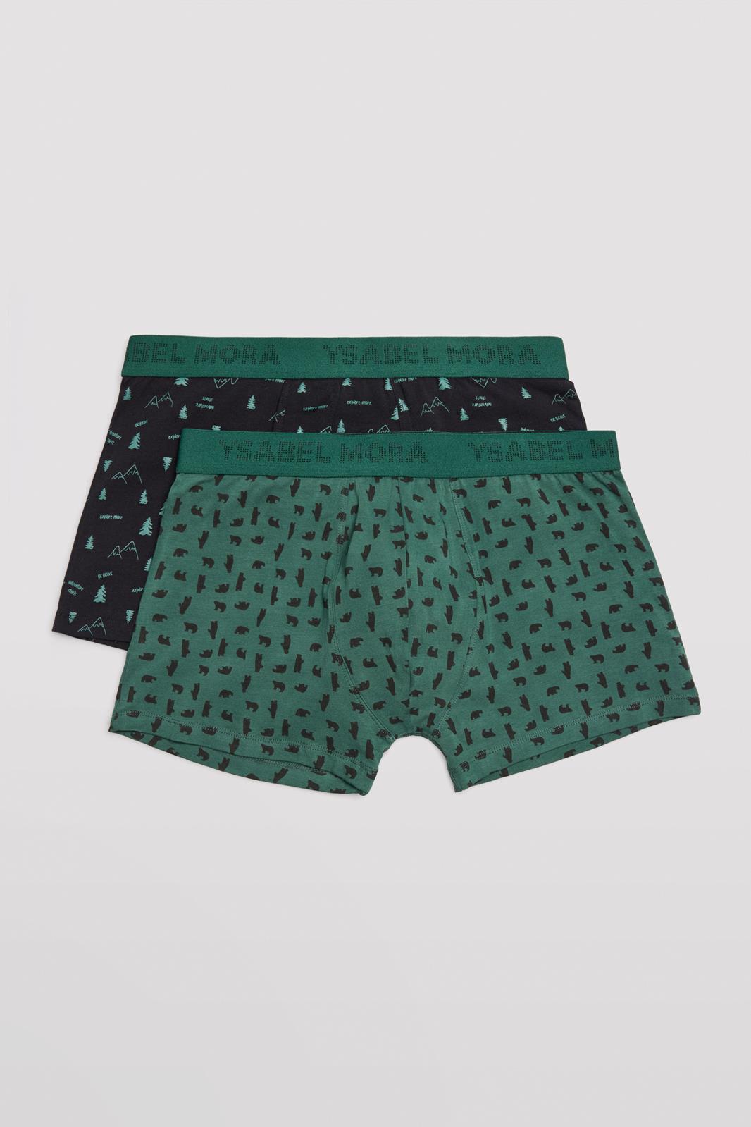 Conjunto de dois calções de roupa interior masculinos de algodão, um verde e outro preto com padrões pequenos e cintura elástica verde com logo