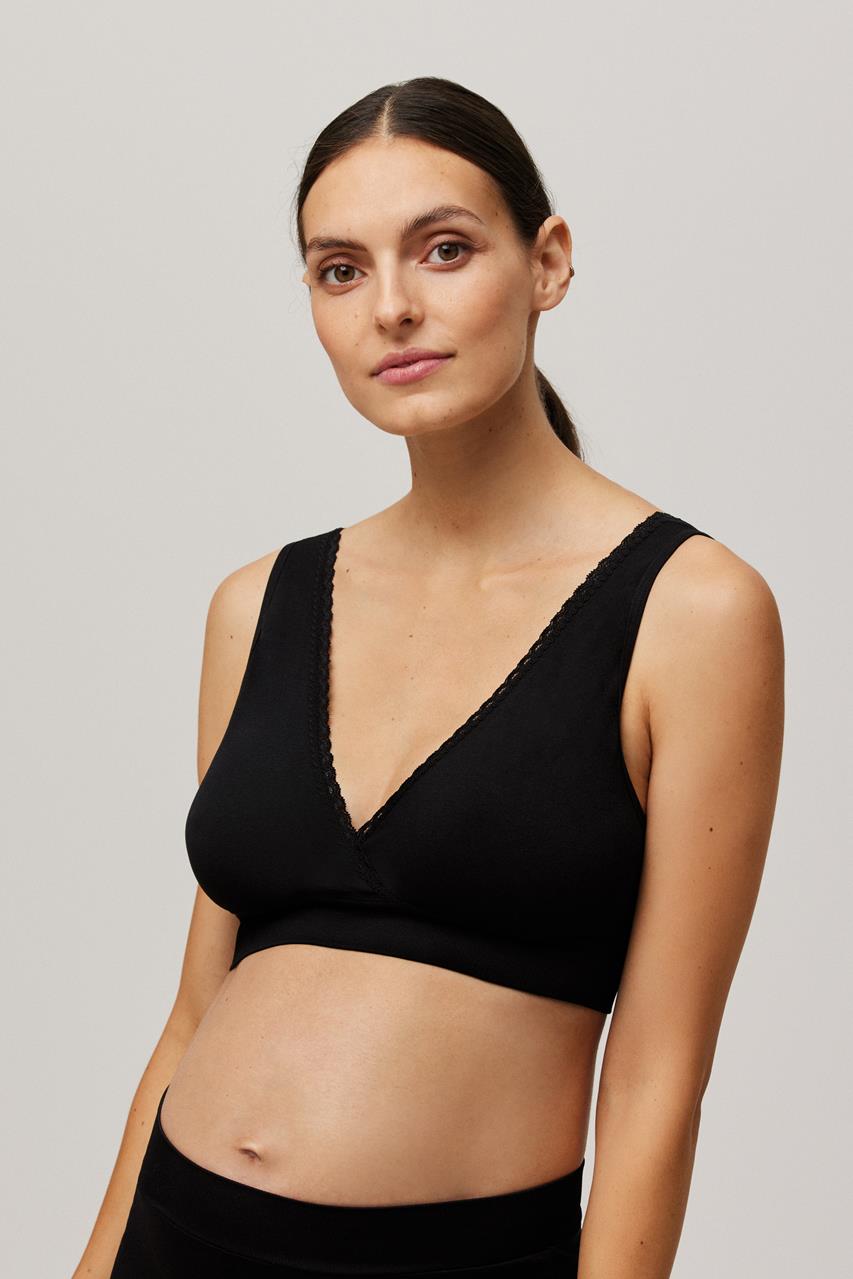 Top de soutien preto com decote em V e acabamento em renda