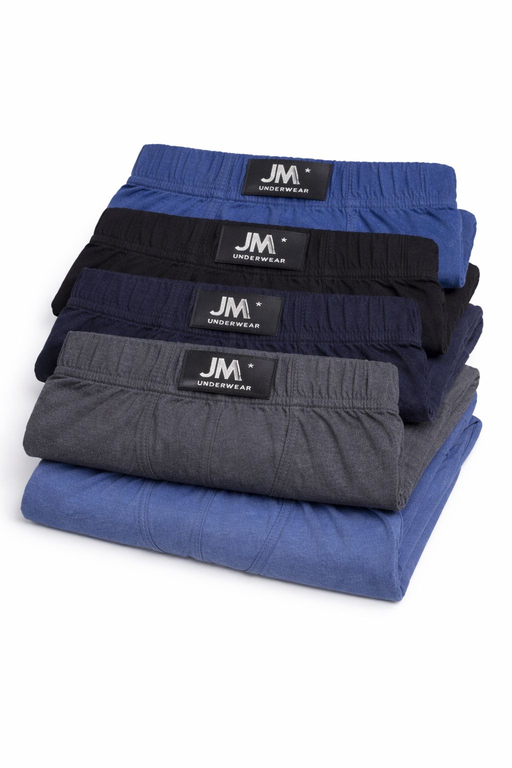 Conjunto de cinco cuecas masculinas em cores variadas, com etiqueta JM* UNDERWEAR na cintura.
