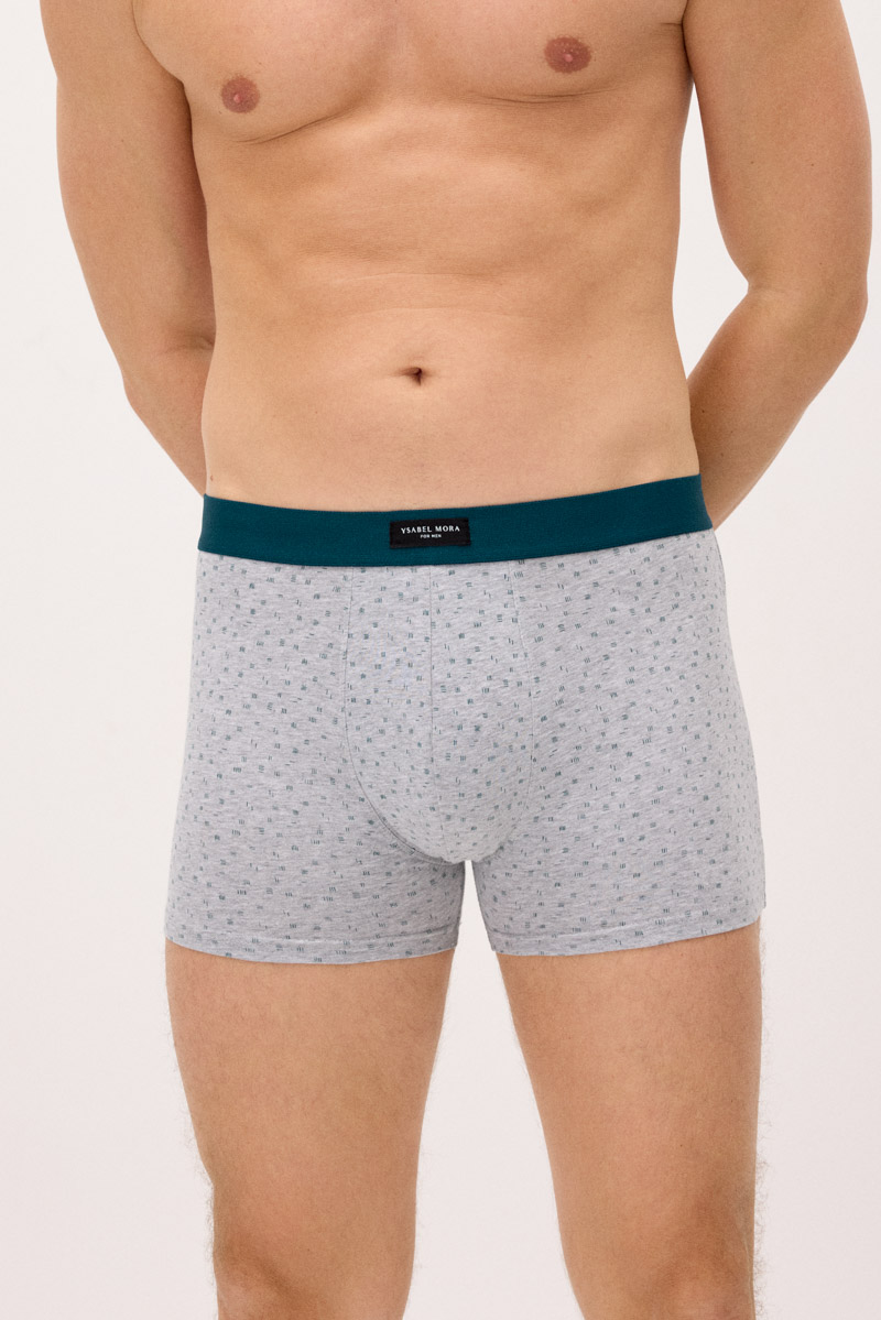Cuecas boxer cinza claro com padrão de pontos e cós azul escuro