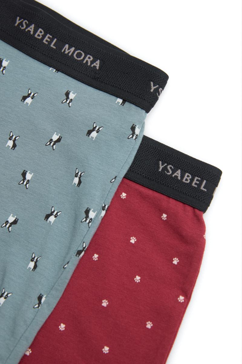 Dois boxers com padrões diferentes e cós preto com a marca YSABEL MORA.