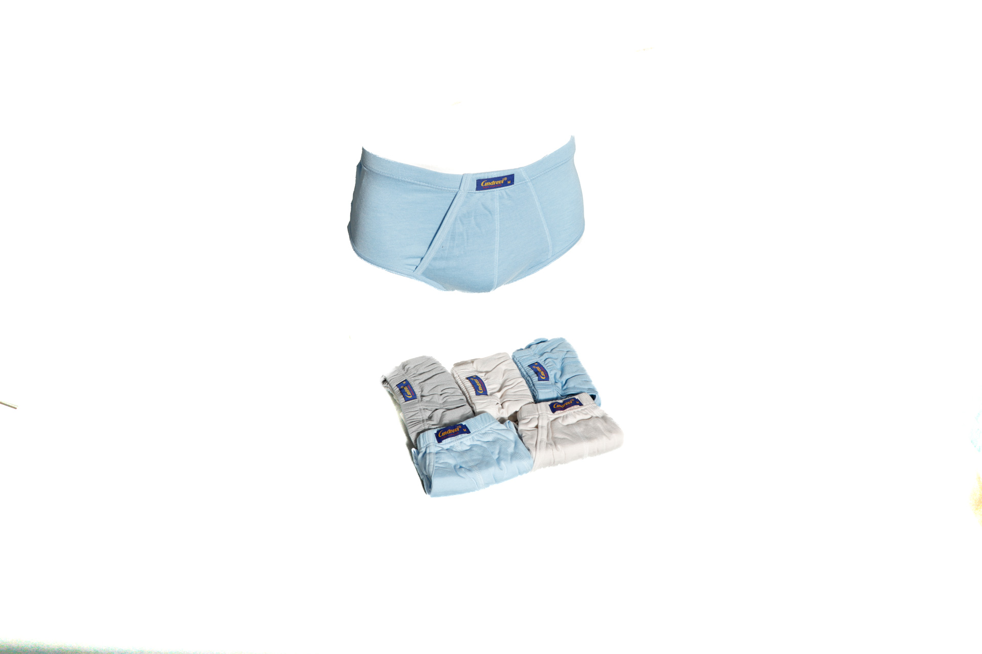 Cuecas masculinas de algodão azul claro e bege com riscas verticais e etiqueta da marca em embalagem dupla