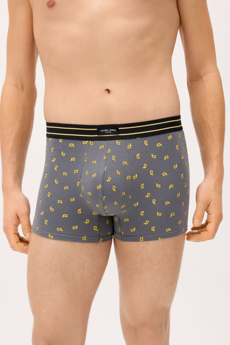 Cuecas boxer cinzentas com desenhos amarelos e cós preto com riscas amarelas