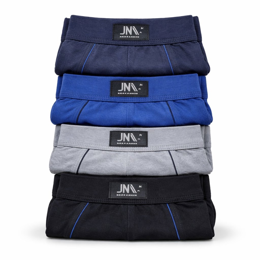 Cuecas masculinas dobradas em várias cores com etiqueta JNA.